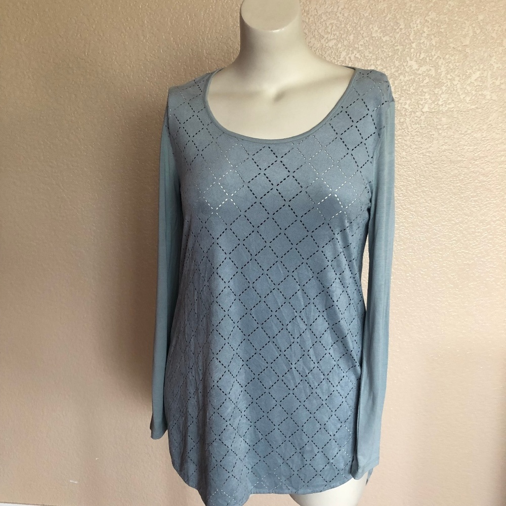 Soft Surroundings Faux Suede Lazer Cut Long Sleeve Tunic Top Size M Blue New